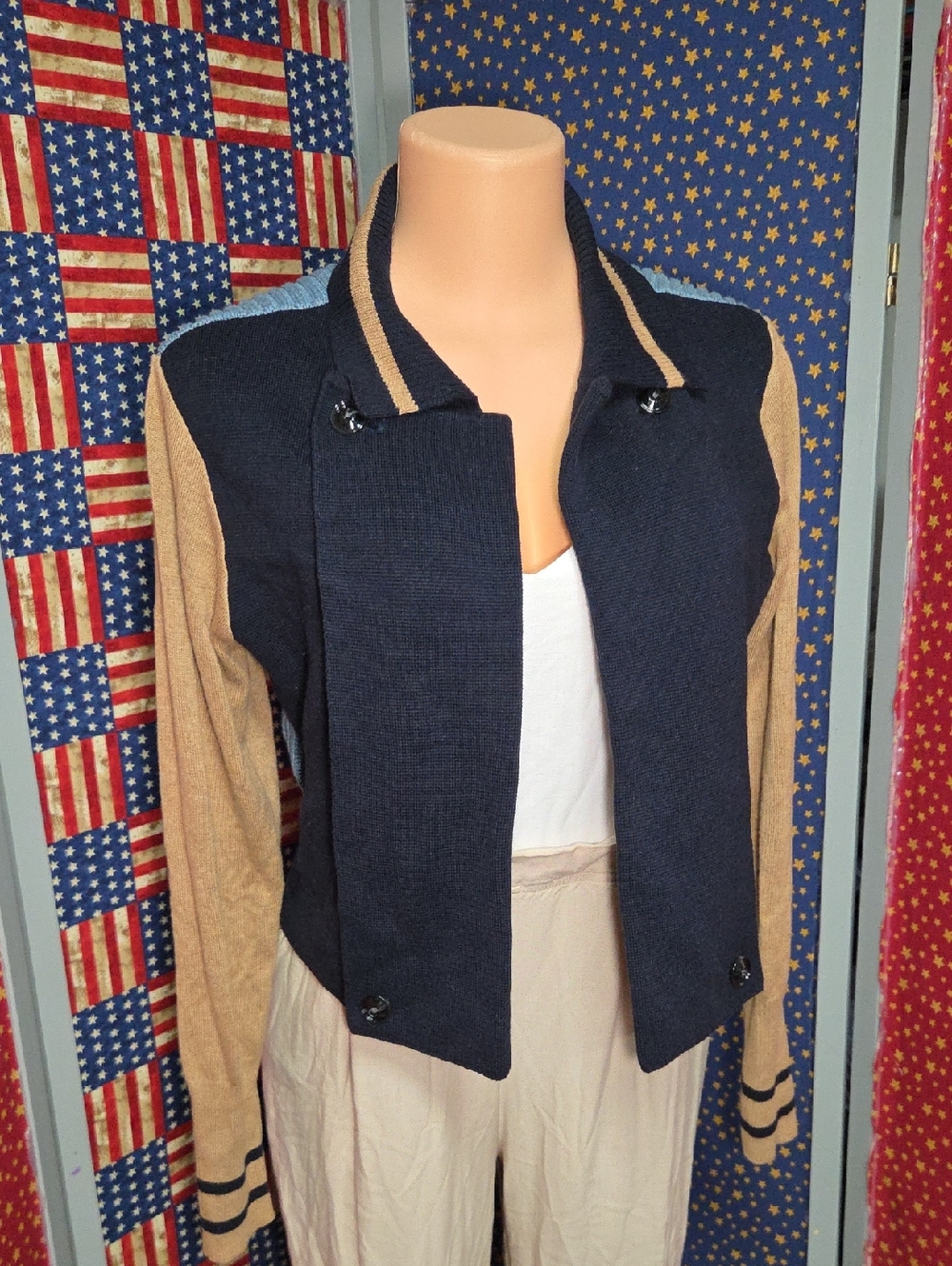 CAbi Navy and Camel Two-Tone Varsity Knit Jacket